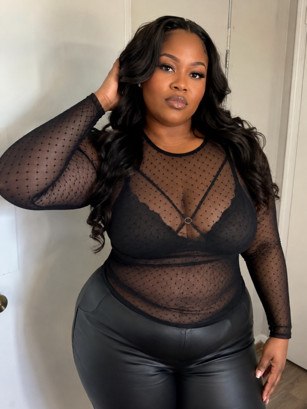 Black see through polka dot top